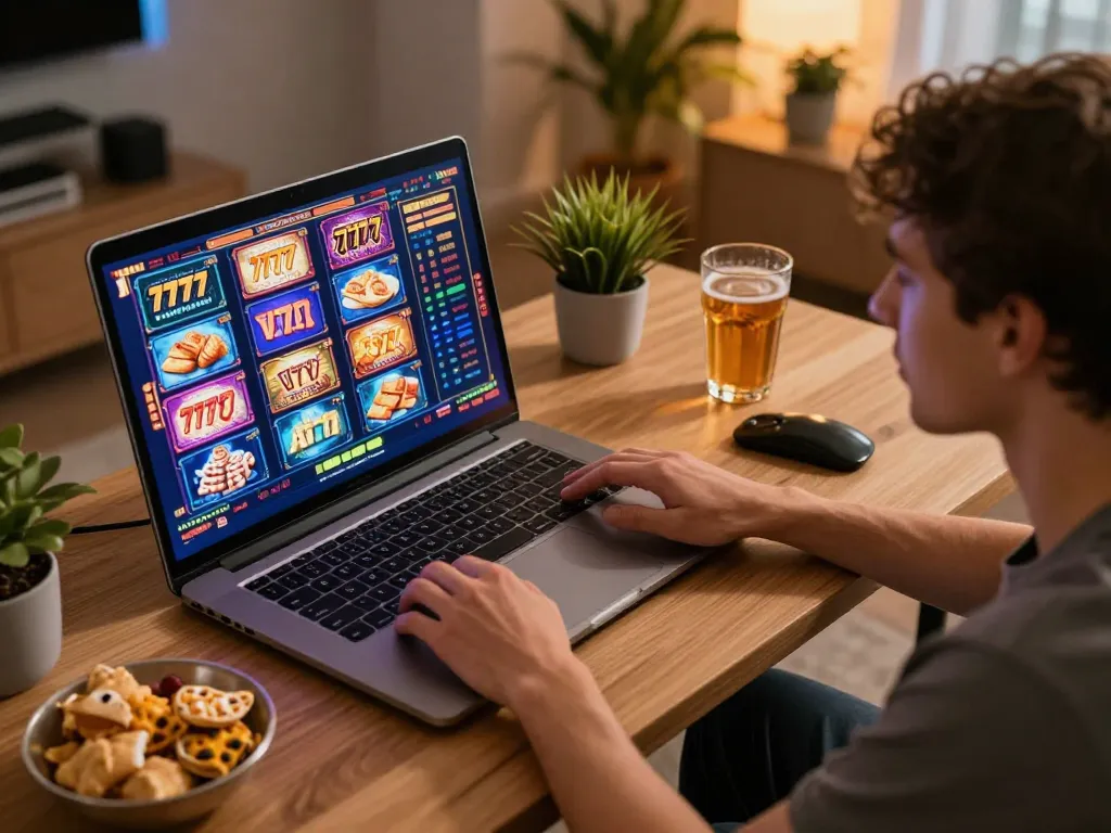 Engaging in slot777 gameplay on a laptop in a cozy home office setup with snacks and drinks