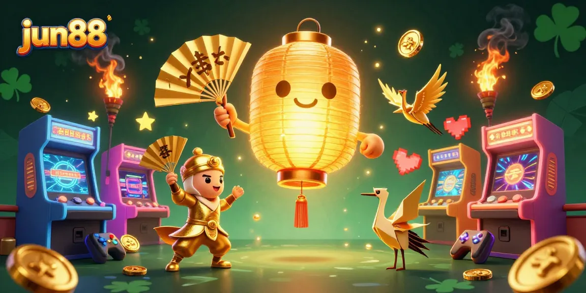 Experience winning adventures at jun88, highlighting lucky symbols above a vibrant casino.