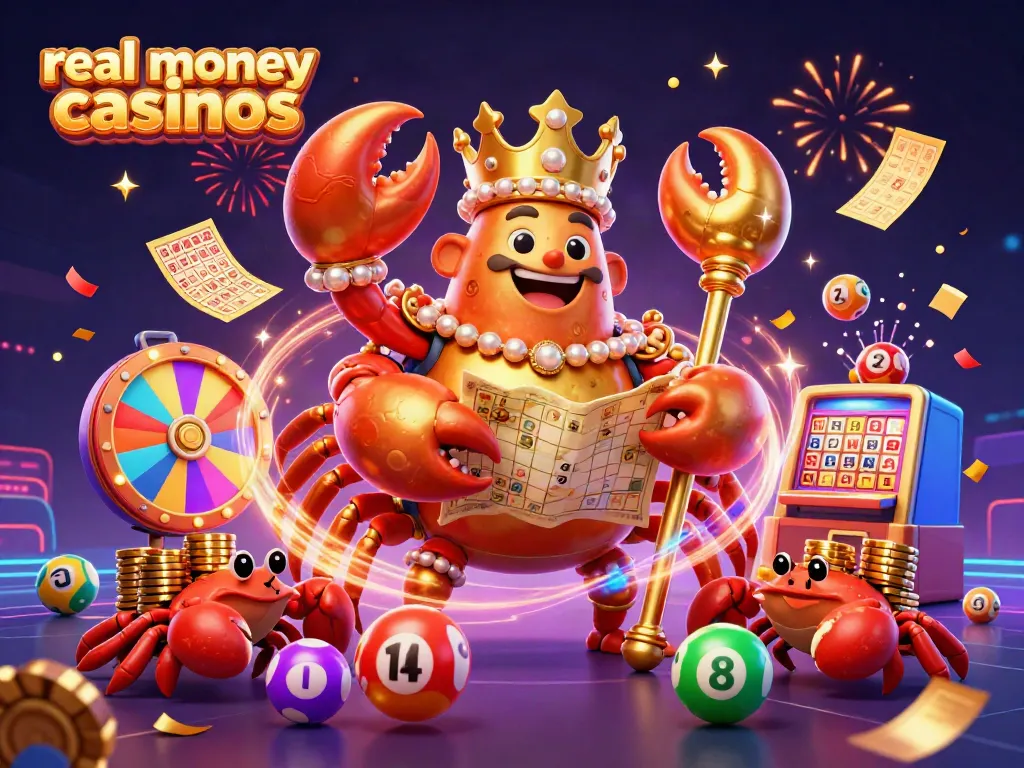 Experience real money casinos with a vibrant scene of riches, games, and excitement in this 3D illustration.
