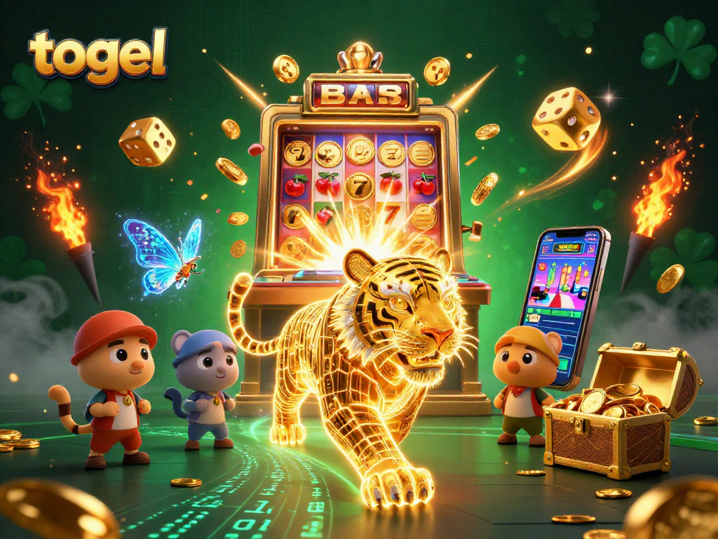Play togel in an ultra-detailed 3D digital casino with vibrant slot machines and golden tigers.