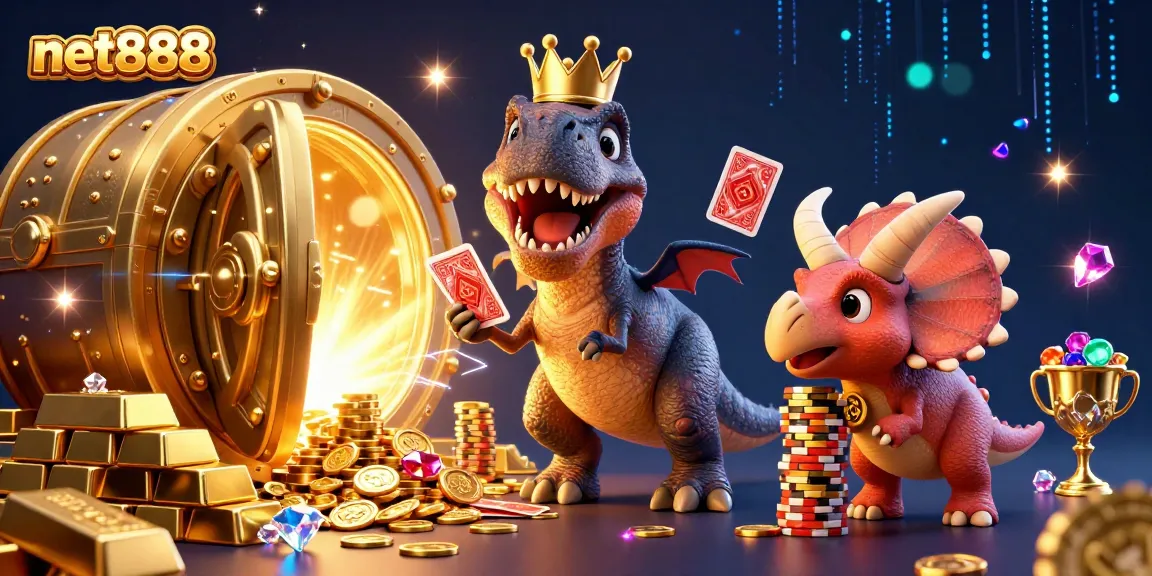 Engage in casino excitement at net888 with a T-Rex shuffling cards and a pterodactyl assistant.