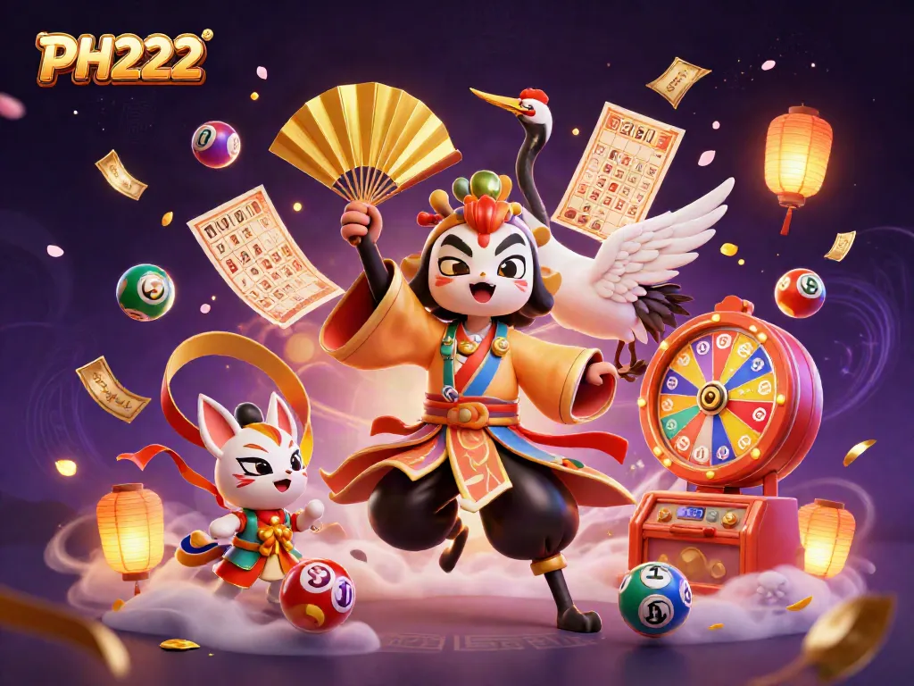 Engage with the exciting world of PH222 through colorful lottery balls and a vibrant casino scene.