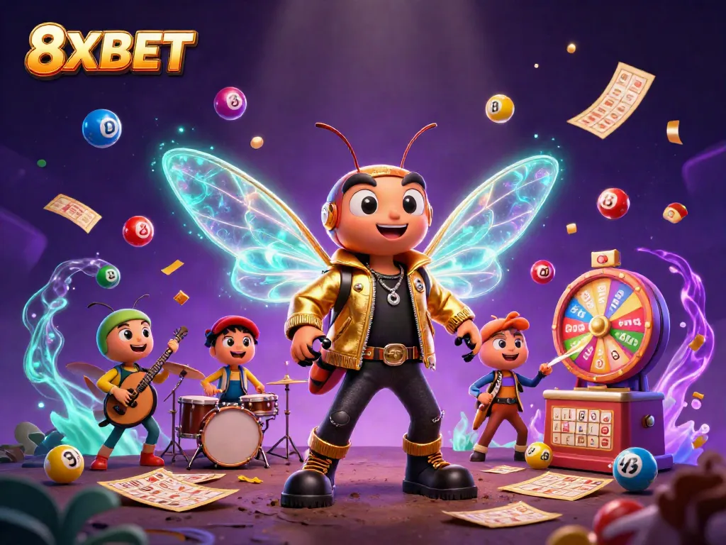 Engage with 8XBET through vibrant 3D casino scene featuring a cicada rock star and dynamic lottery elements.