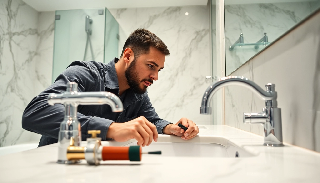 Find a qualified plumber near me fixing sink with tools in a bright bathroom.