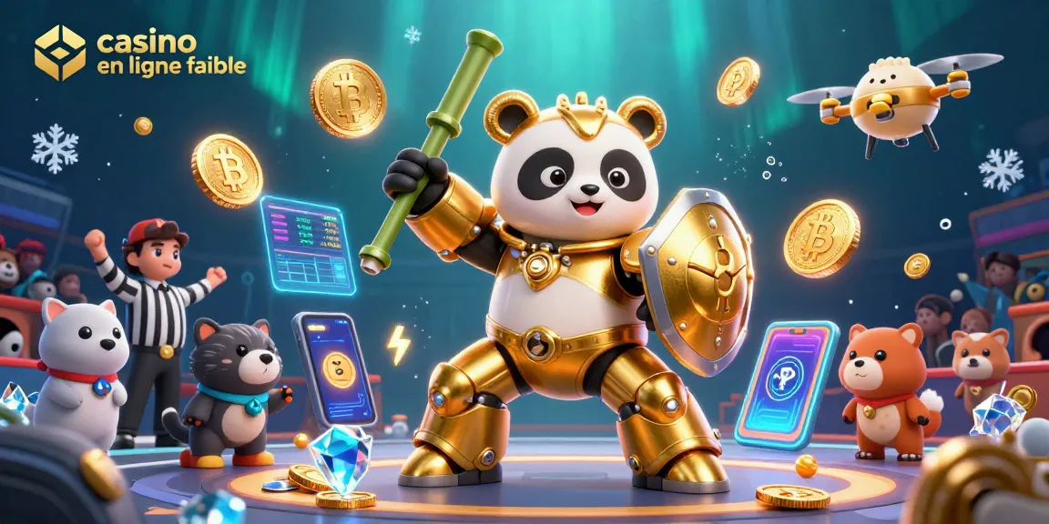 Casino en ligne fiable : illustration dynamique d'un panda pilote dans un robot de combat avec des pièces de crypto-monnaies.