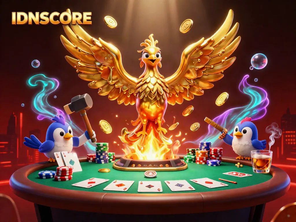 Experience the thrilling IDNSCORE gaming scene with a phoenix and poker action.