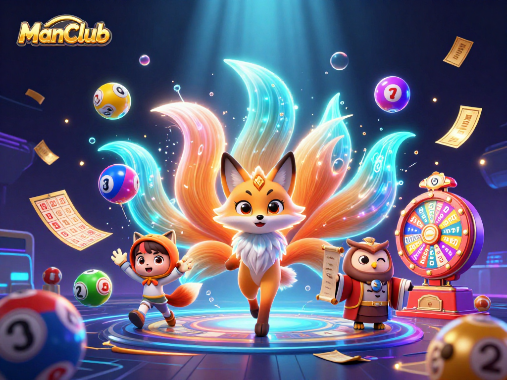 Engage with ManClub's vibrant lottery scene featuring a glowing fox spirit, wise owl, and colorful game elements.