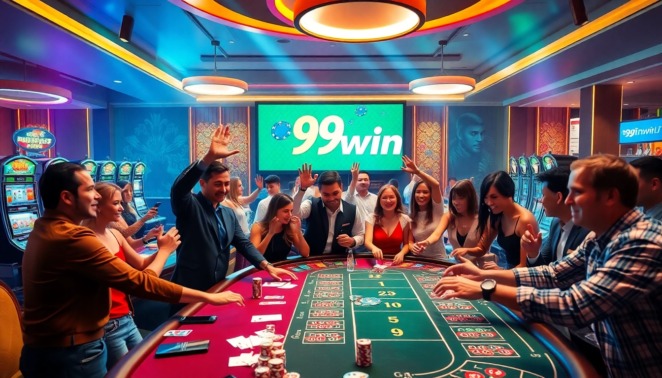 Players enjoying vibrant casino games at 99win, showcasing excitement and luxury in gambling.