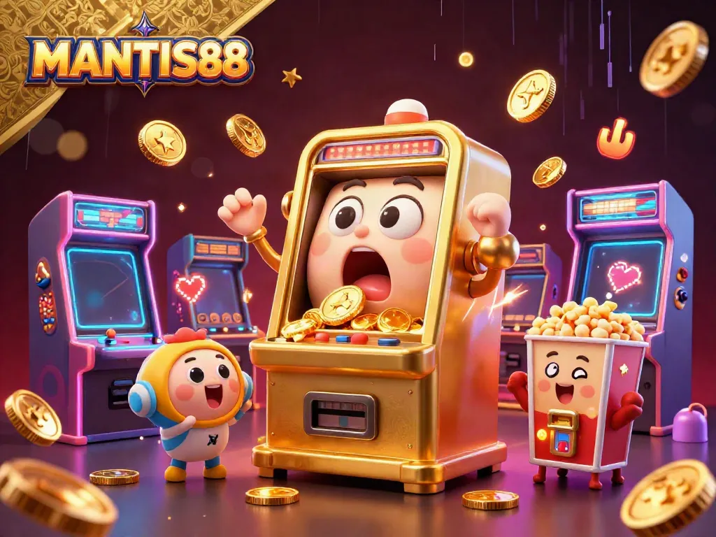 MANTIS88 slot machine hitting a jackpot, surrounded by cheering baby slots and arcade game elements.