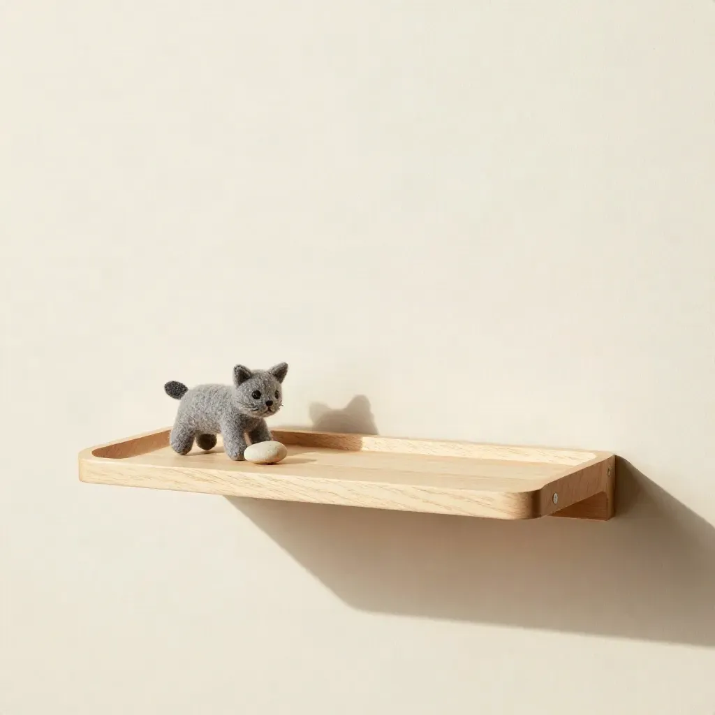 Maple wall cat shelf with felt toy and stone pebble on a cream field