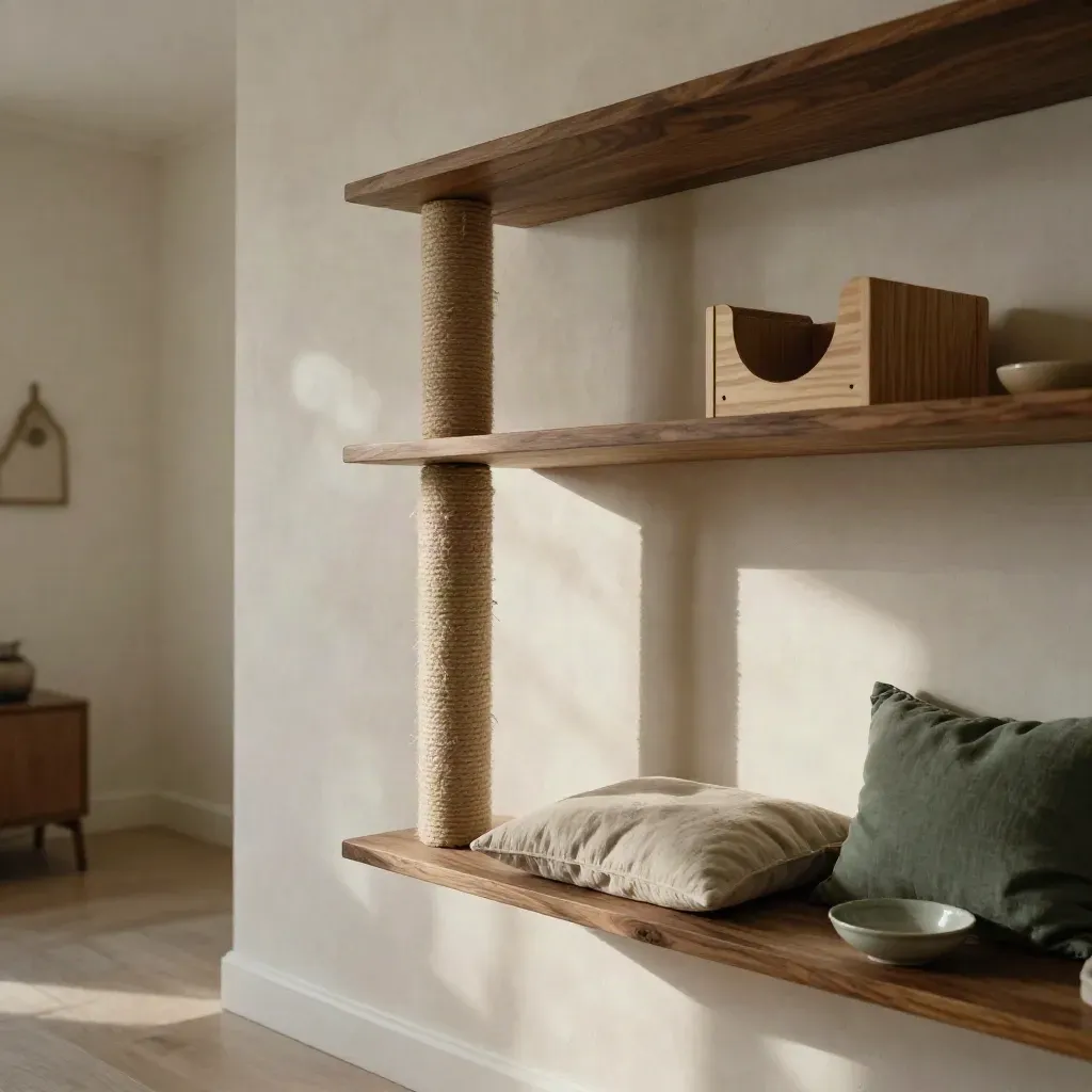Walnut cat wall shelf set in a pale plaster room with soft morning light.