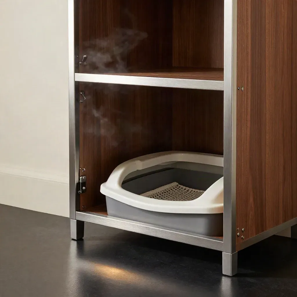 Walnut litter box cabinet opening in a dim studio nook with scoop and liner beside it.