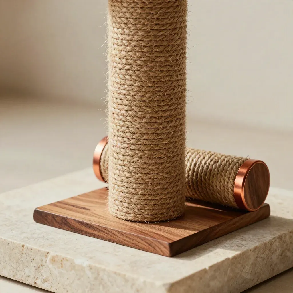 Cedar sisal cat scratcher post with rope coil on pale stone, lit by hard raking light.