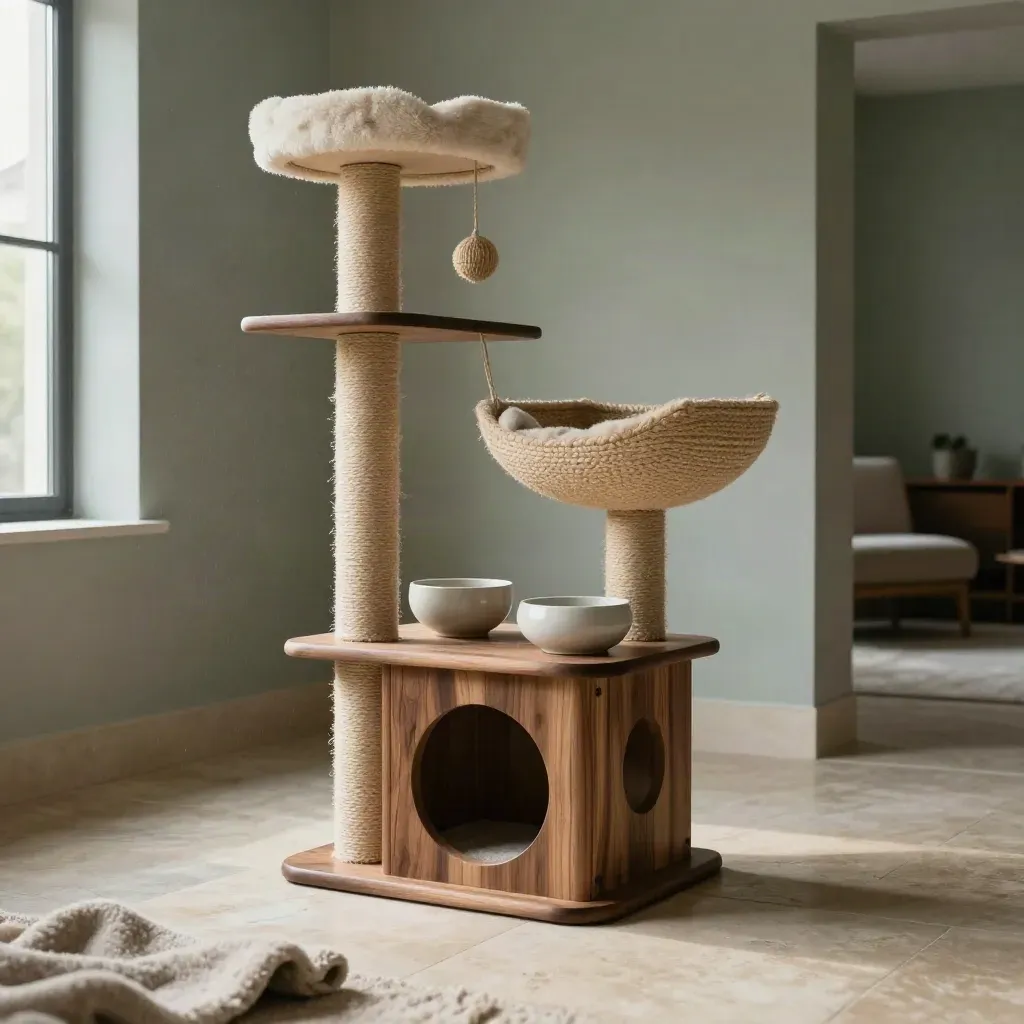 Walnut cat tree tower with sisal posts, bed, bowl and throw in soft morning light