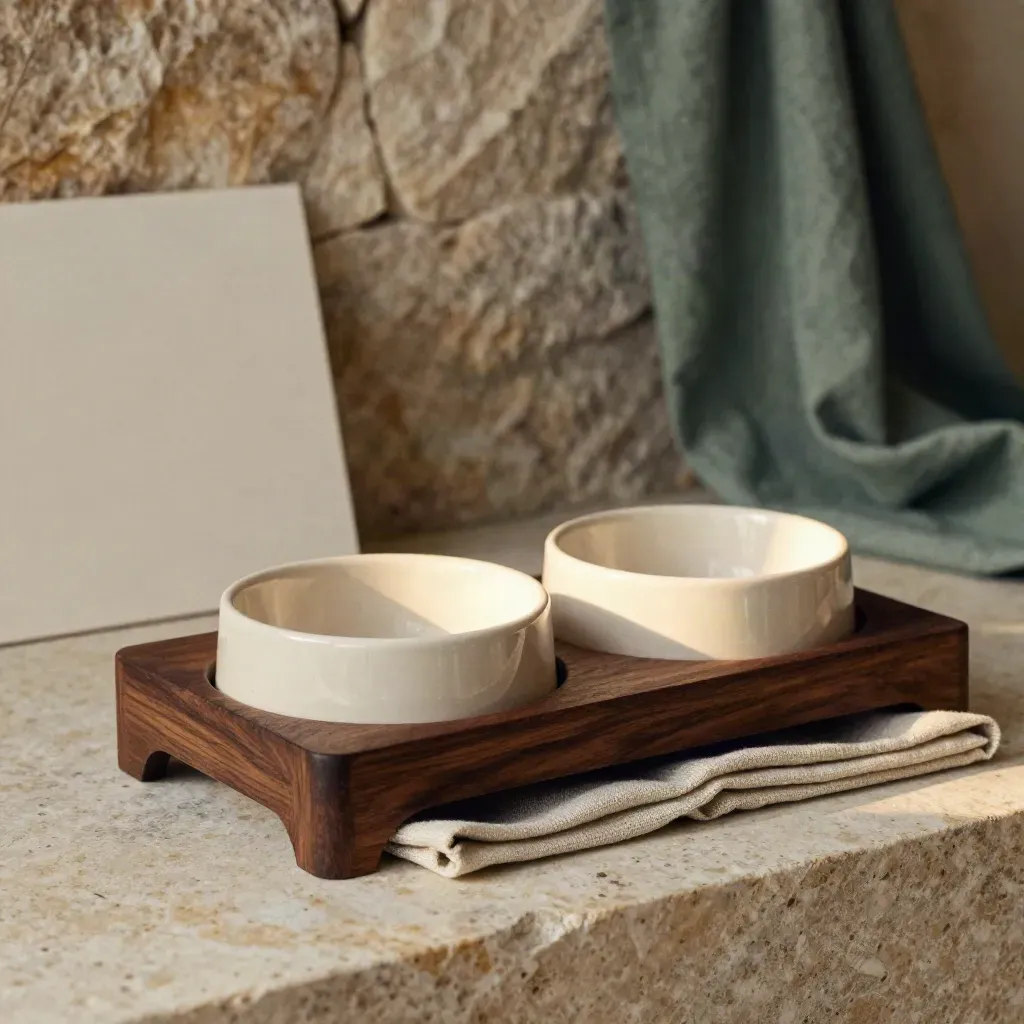 Dark hardwood cat feeding station with ceramic bowls and linen placemat on stone at sunrise.