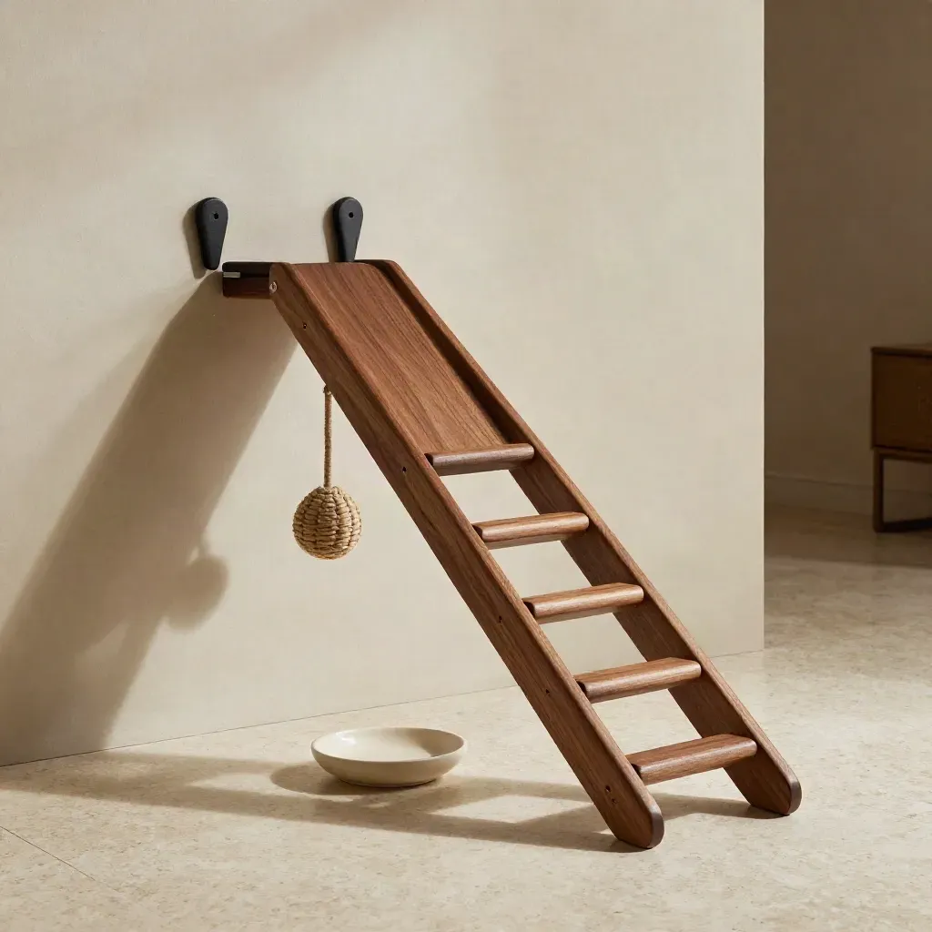 Oak cat bridge set with ladder, toy and dish staged diagonally on a travertine floor.