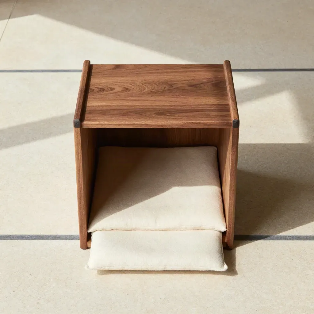 Top-down flatlay of a mini hardwood cat condo with cream cushion on pale travertine.