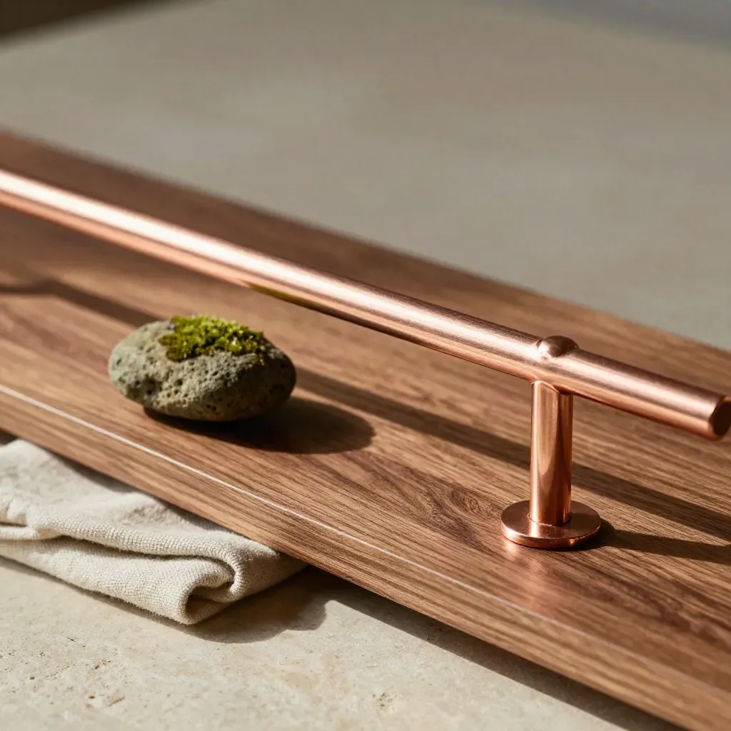 Copper rail shelf detail with hardwood, linen, and moss stone in raking light