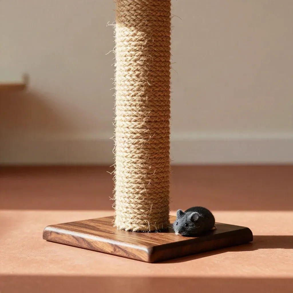 Tall sisal cat scratcher with walnut base and toy mouse in soft studio daylight