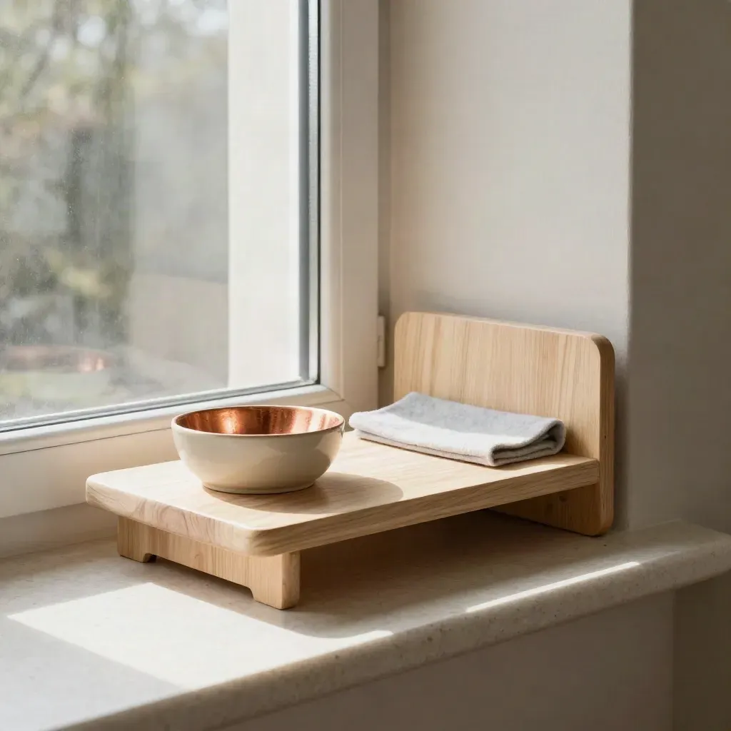Pale maple cat window perch shelf with felt pad and ceramic bowl in bright morning light.