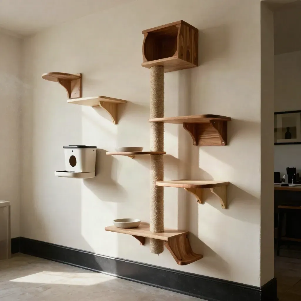 Modular walnut and maple cat wall shelves, steps, scratch post and feeder on a cream plaster wall.