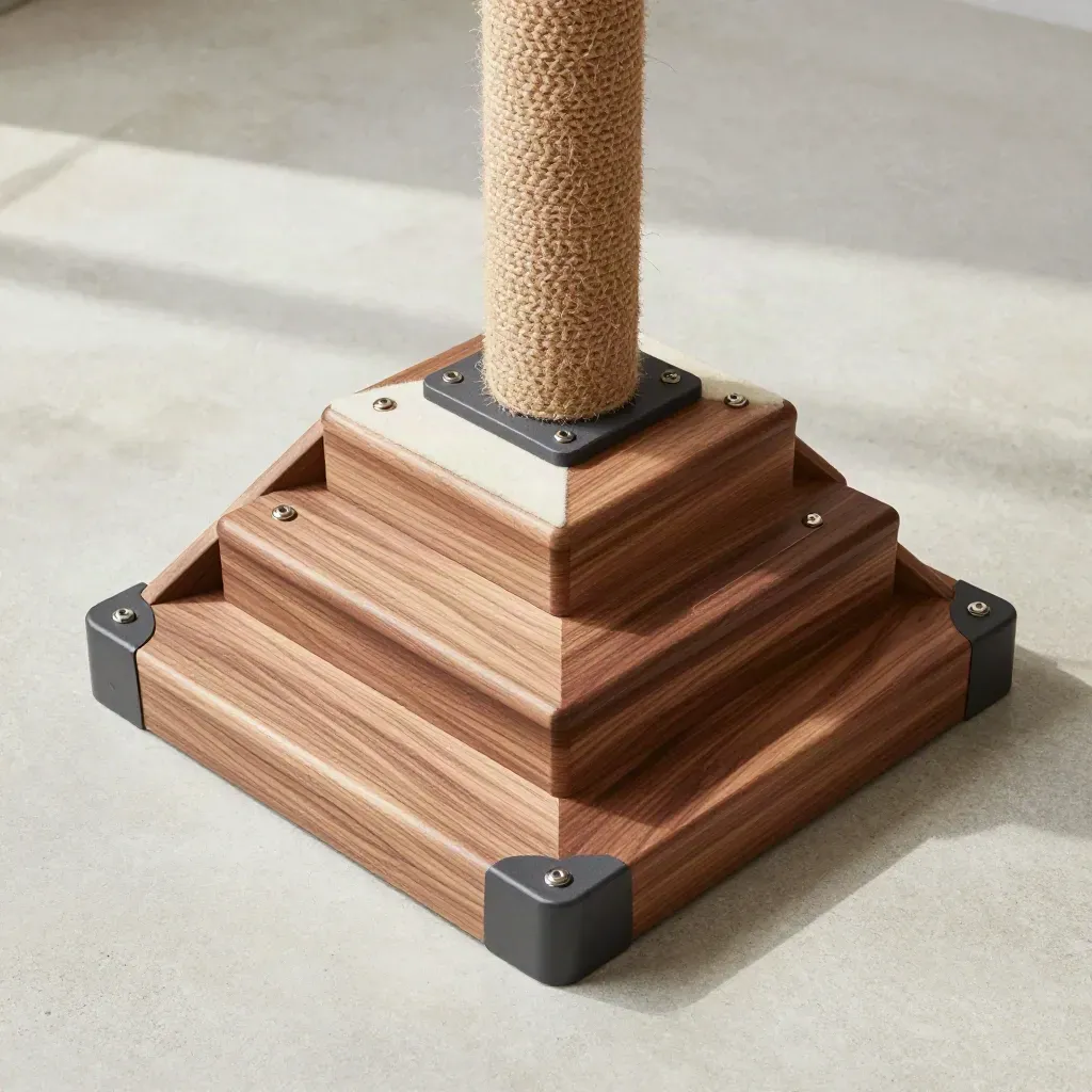 Overhead flatlay of cat climber parts arranged on concrete in a geometric assembly fan.