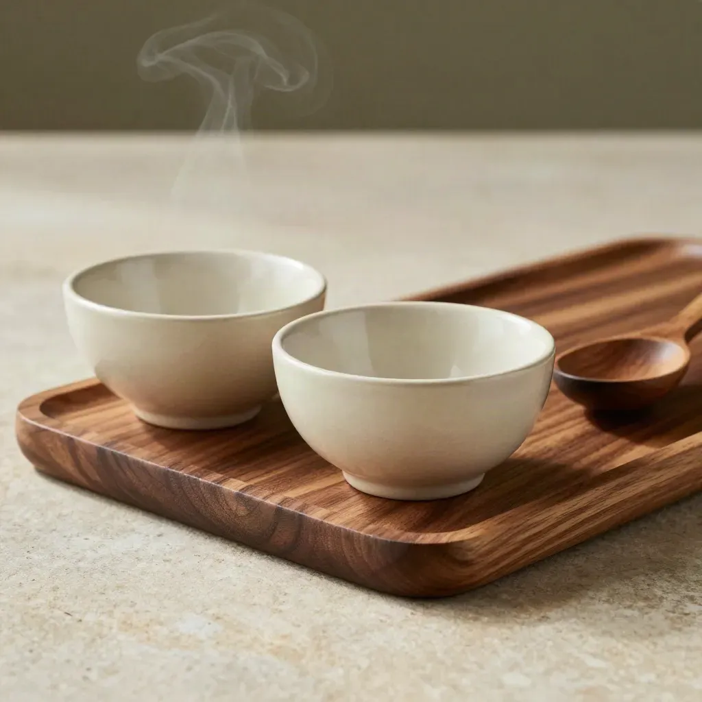 Walnut cat feeder with twin raised bowls, mat, scoop, and soft steam in warm light.