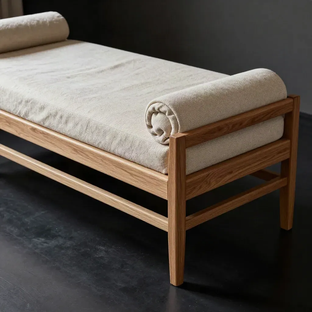 Oak two-tier cat sleep bench with linen blanket and cushion in dramatic studio light