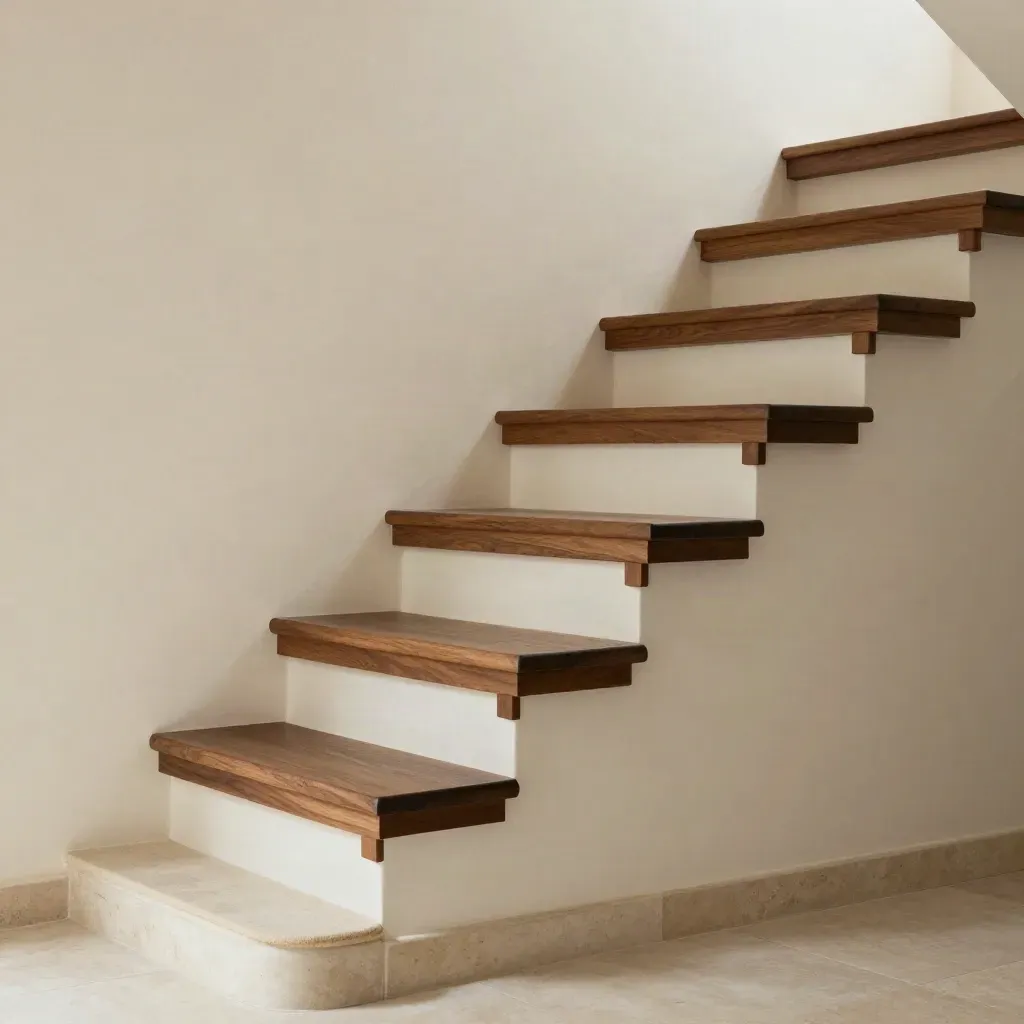 Walnut wall stair set with felt landing pad on cream plaster, shot in soft daylight.