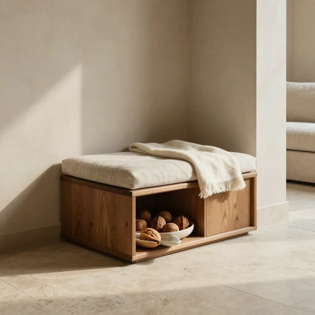 Walnut hidden litter bench with cushion and throw in a calm sunlit living room corner.