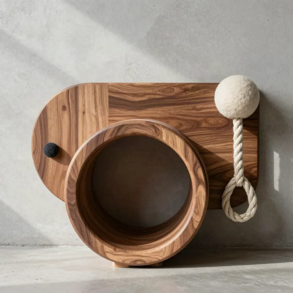 Overhead walnut cat tunnel shelf with ring opening, mount plate, felt ball and rope loop on concrete.
