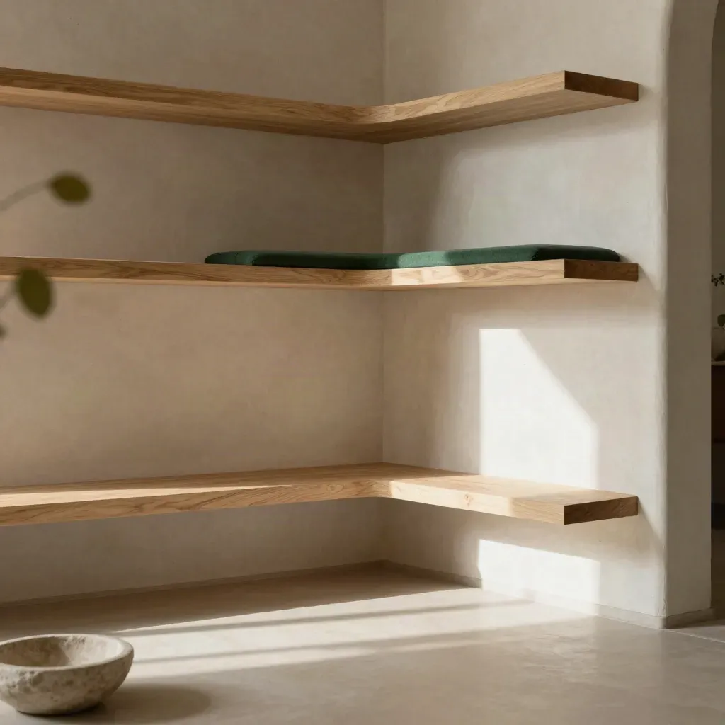 Sunlit plaster wall with floating cat shelves above a calm empty floor plane.
