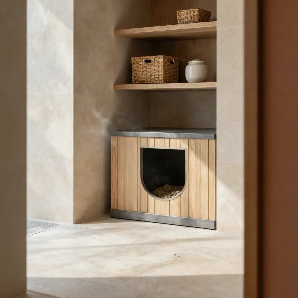 Quiet nook with a charcoal litter enclosure, pale stone floor, and high shelving in warm daylight.