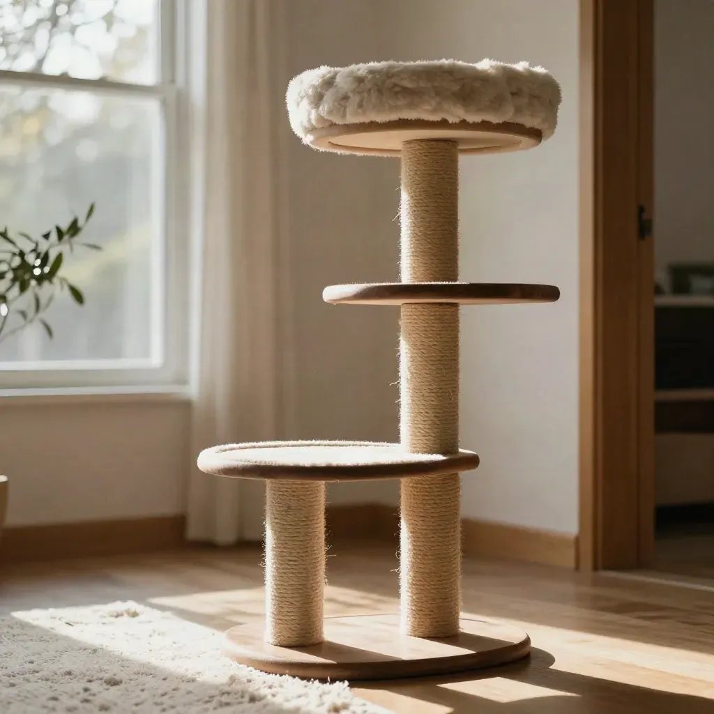 Walnut cat tree in sunlit room with rug, plant blur, and open copy space.