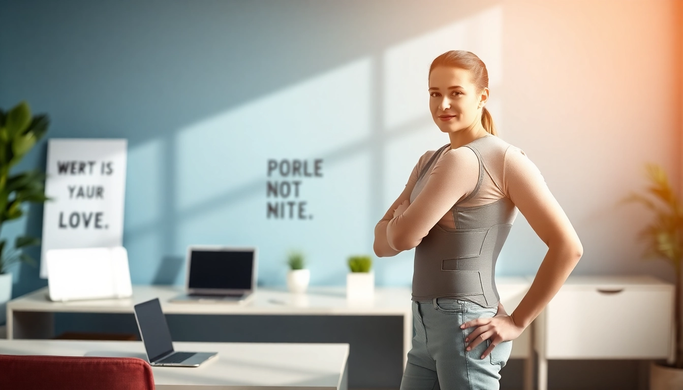 Model demonstrating effective posture with a posture corrector in a modern office setting.