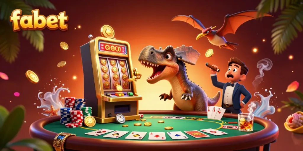 Experience jackpot fun with fabet, a pachycephalosaurus hitting a slot machine amidst casino chaos.