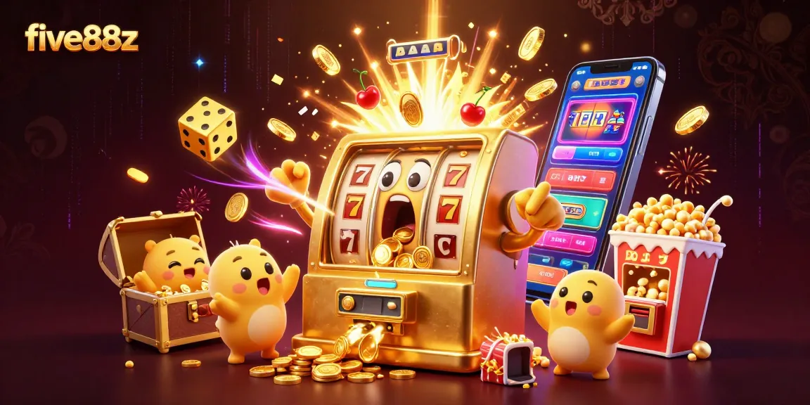 Experience excitement with five88z's animated jackpot scene filled with cheerful slot machines and coins.