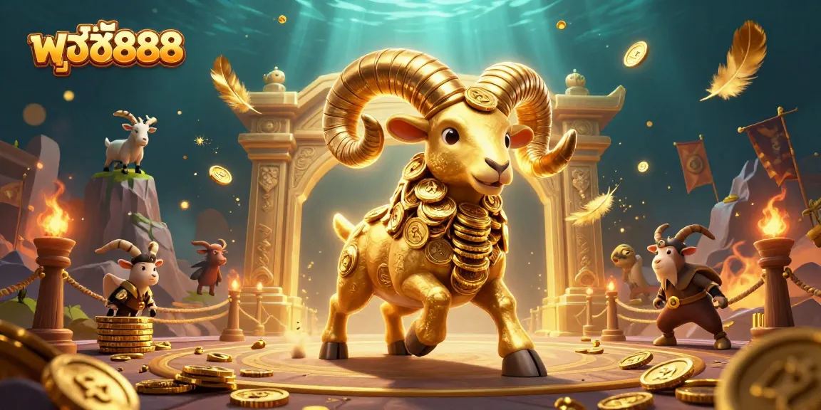 Experience thrilling wins with พุซซี่888, featuring golden ram and vibrant casino elements.
