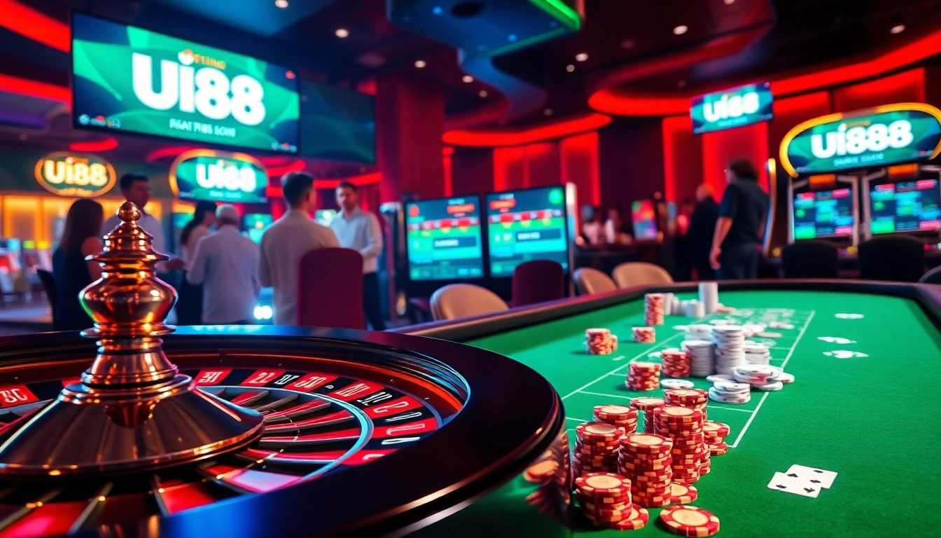 Experience the thrill of U88 gambling with vibrant casino visuals showcasing poker and roulette.