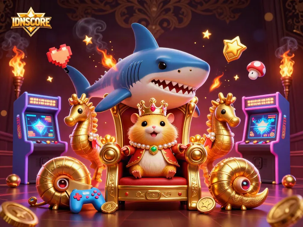IDNSCORE offers a thrilling gaming experience with a golden hamster king and seahorse guards in a vibrant casino scene.