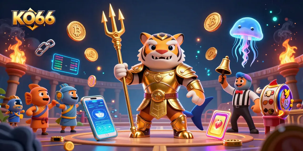 Engage with KO66's thrilling crypto casino adventure featuring vibrant 3D elements and characters.