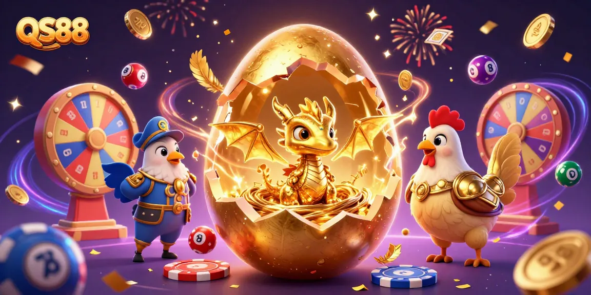 Experience exhilarating wins with QS88's vibrant casino promotions featuring golden dragons and colorful gaming elements.