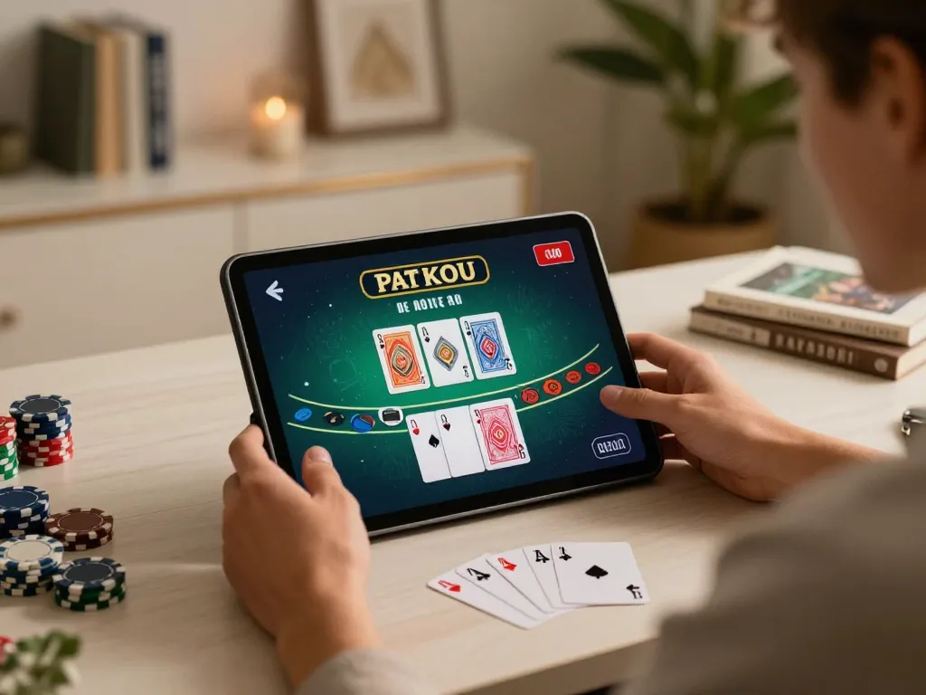 Engaging player enjoying online gaming at nhà cái TIP88 on tablet with live dealer.