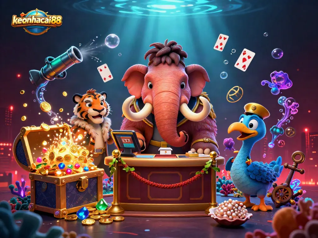 Experience keonhacai88's vibrant gambling scene with a mammoth bouncer, a tiger VIP, and fun underwater treasures.