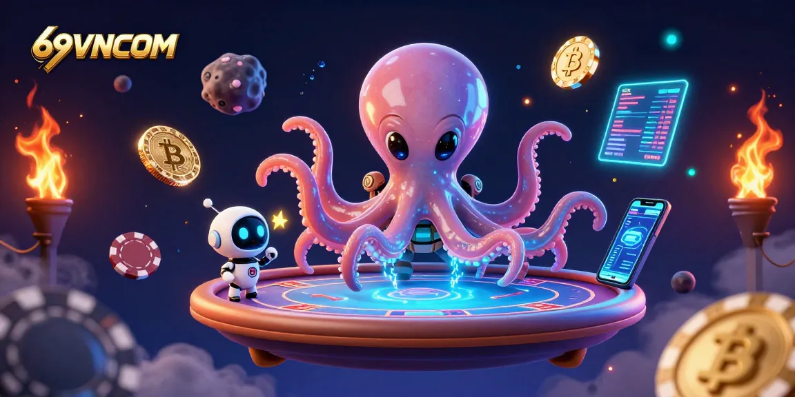 Experience thrilling gaming action with 69VNCOM's alien octopus at a holographic poker table.