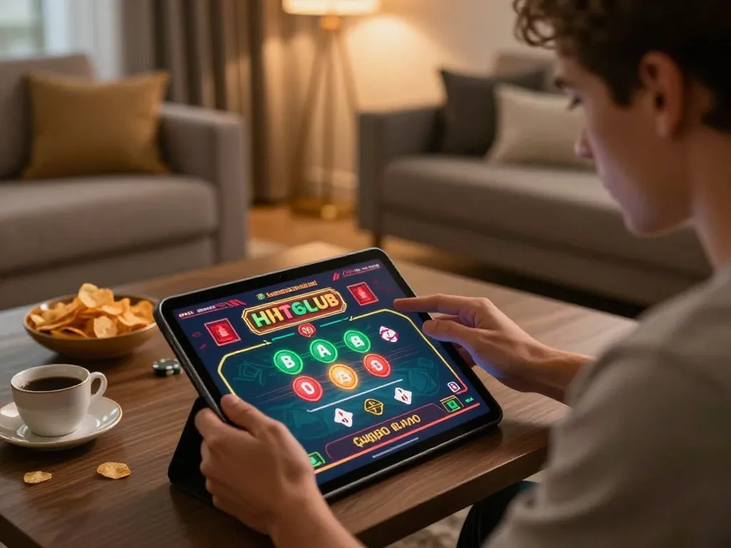 Engaging in game casino HITCLUB, a player strategizes while enjoying a stylish home setting.