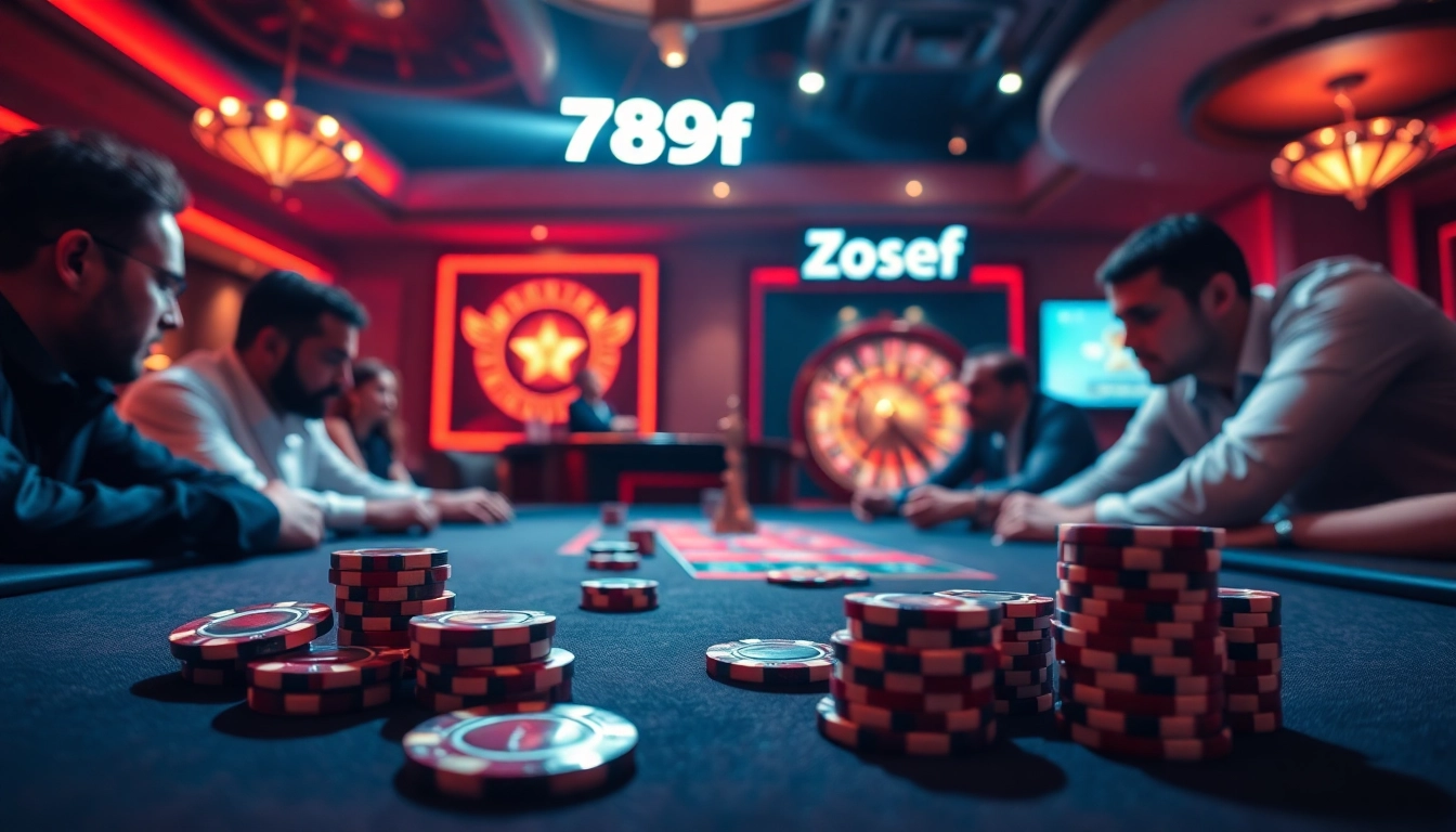 Players enjoying high-stakes poker at a luxurious casino featuring 789f branding.