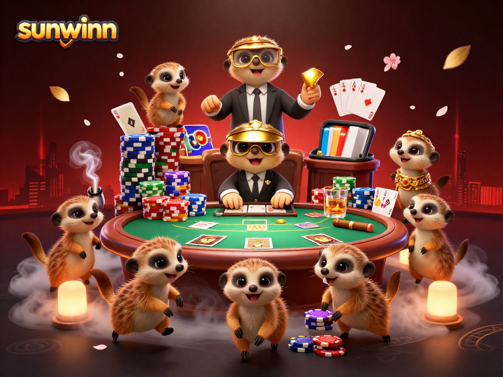 sunwinn tổ chức casino với meerkats, bài poker và chip đầy màu sắc