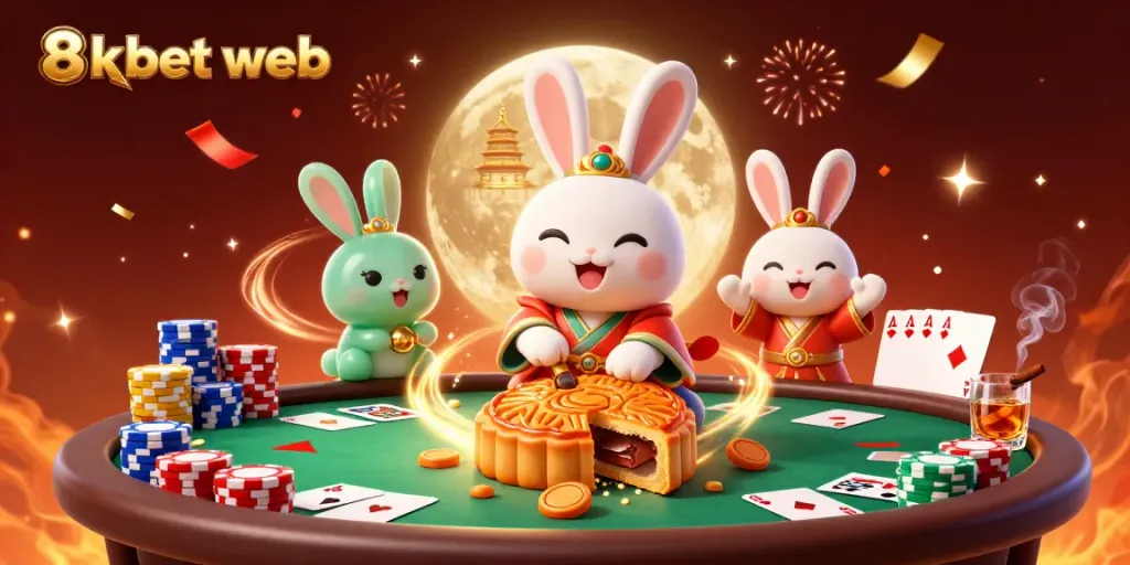 Experience 8xbet web with an engaging 3D illustration of a moon rabbit and casino elements.