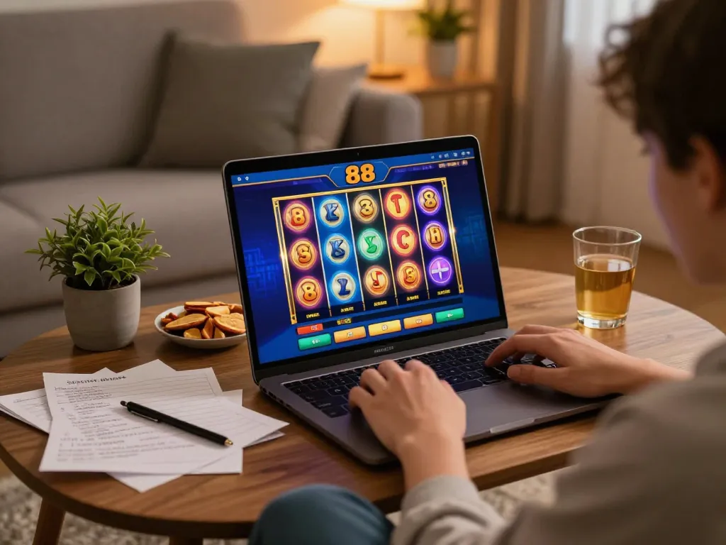 Engaging with slot88 game interface while enjoying a cozy home gaming experience.